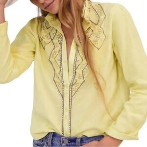 Anthropologie Pilcro Nayeli beaded rhinestone lace linen chartreuse shirt 1x